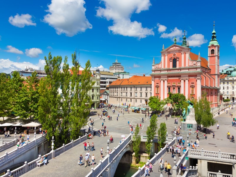 Triple Bridge, Preseren Square and Franciscan Church of the Annunciation in City Center of Ljubljana.